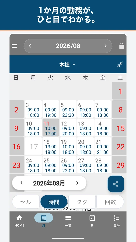きんたいさんAndroid版の月カレンダー。日付ごとの始業・終業時刻を表示。